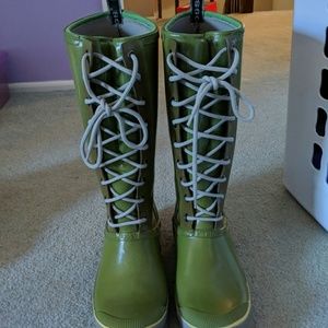 Green tall rain boots
